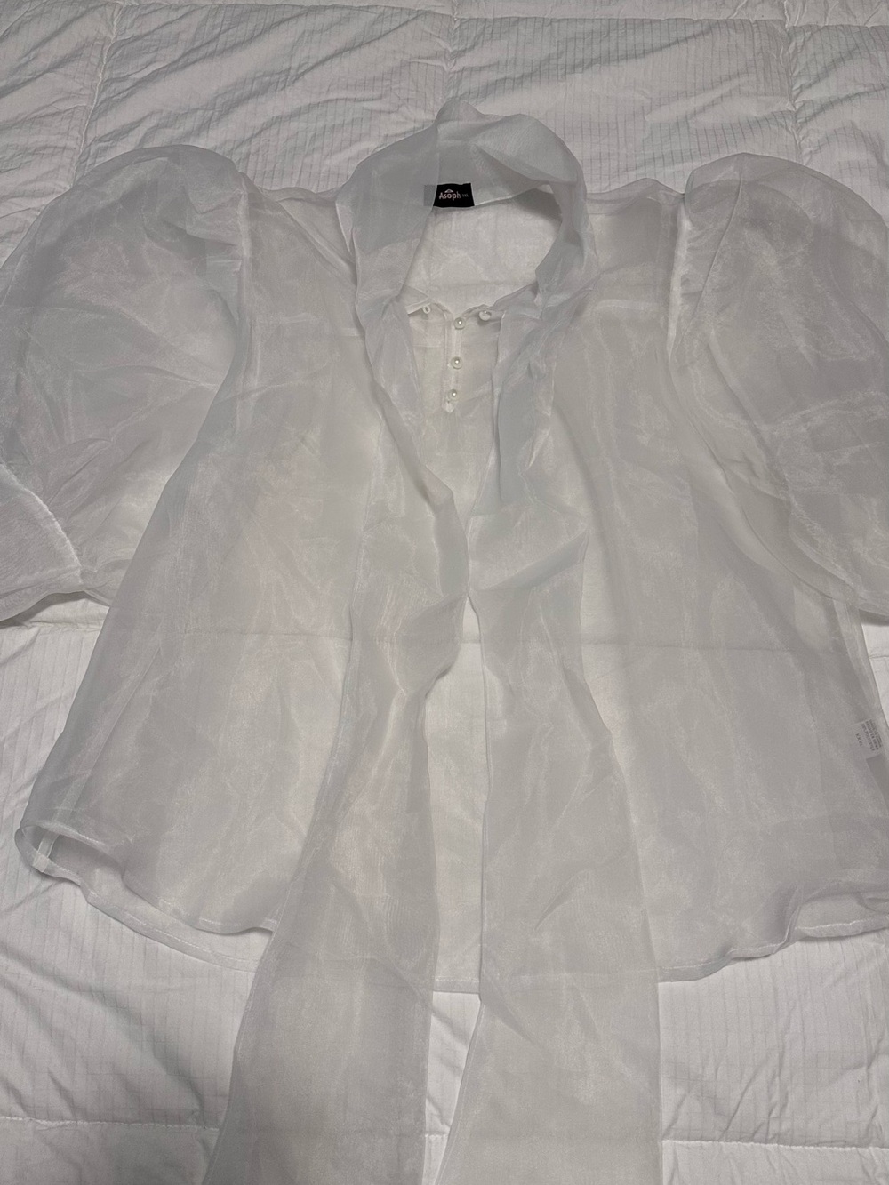 Sheer White Puff-Sleeve Tie-Neck Blouse